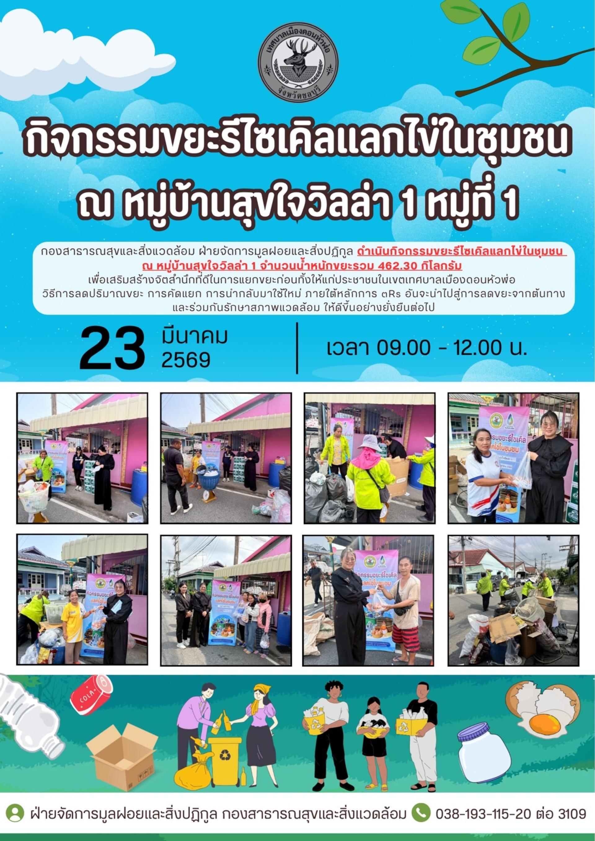 กองสาธารณสุขและสิ่งแวดล้อม ดำเนินกิจกรรมขยะรีไซเคิลแลกไข่ในชุมชน ณ หมู่บ้านสุขใจวิลล่า 1