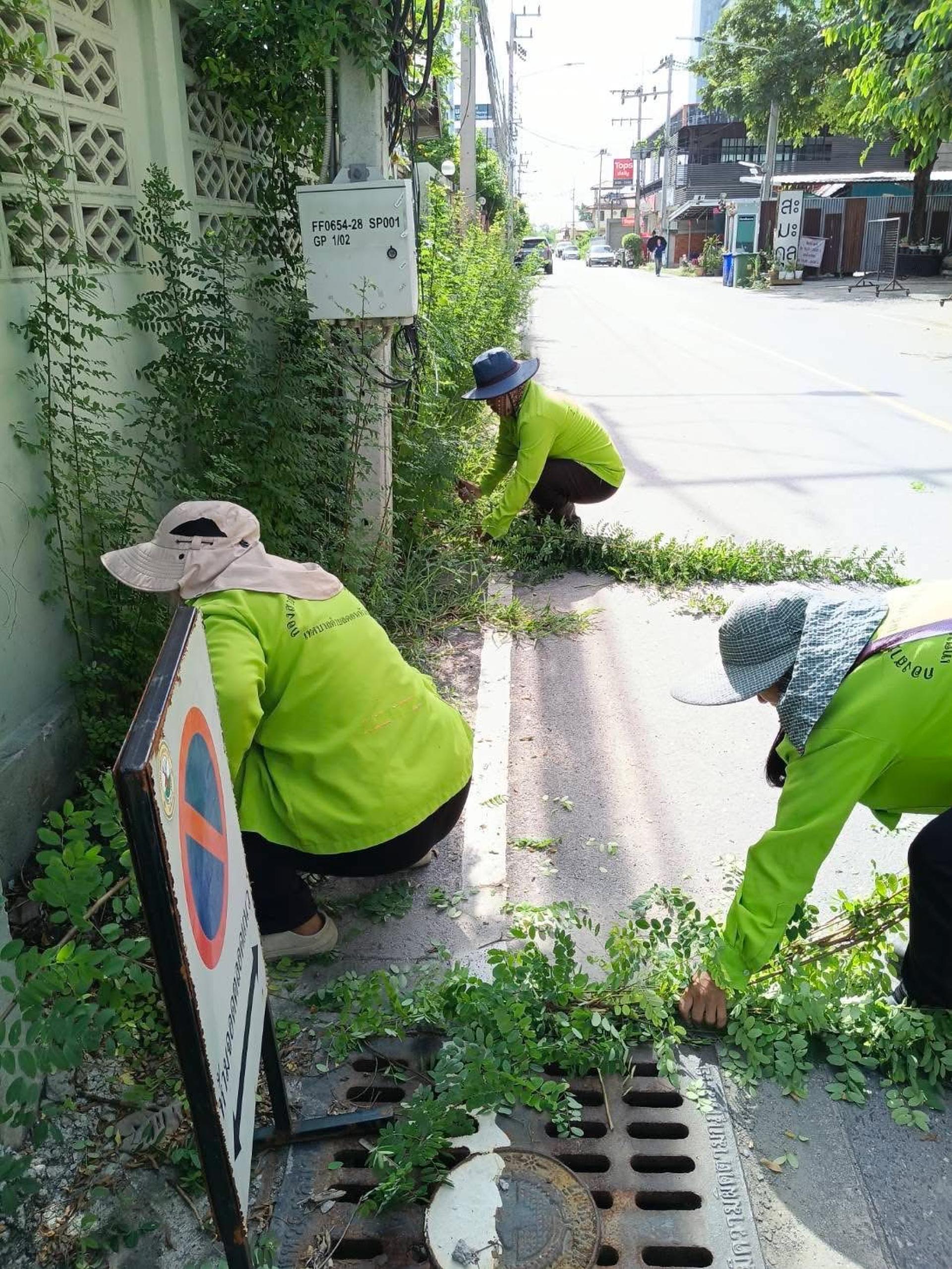 กองสาธารณสุขและสิ่งแวดล้อม ดำเนินการตัดหญ้าและทำความสะอาดบริเวณถนนศุขประยูร