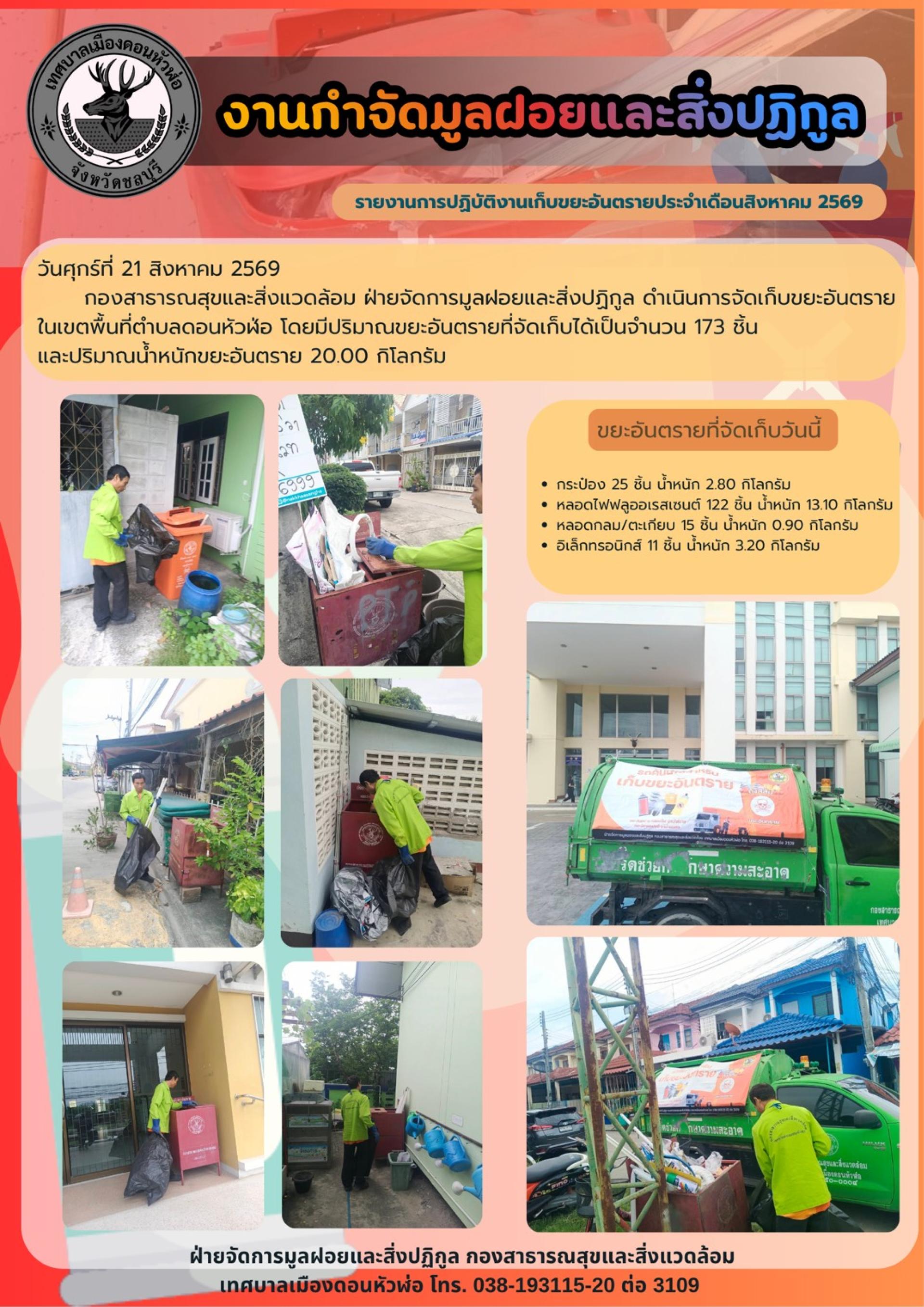 กองสาธารณสุขและสิ่งแวดล้อม ดำเนินการจัดเก็บขยะอันตราย ในเขตพื้นที่ตำบลดอนหัวฬ่อ 