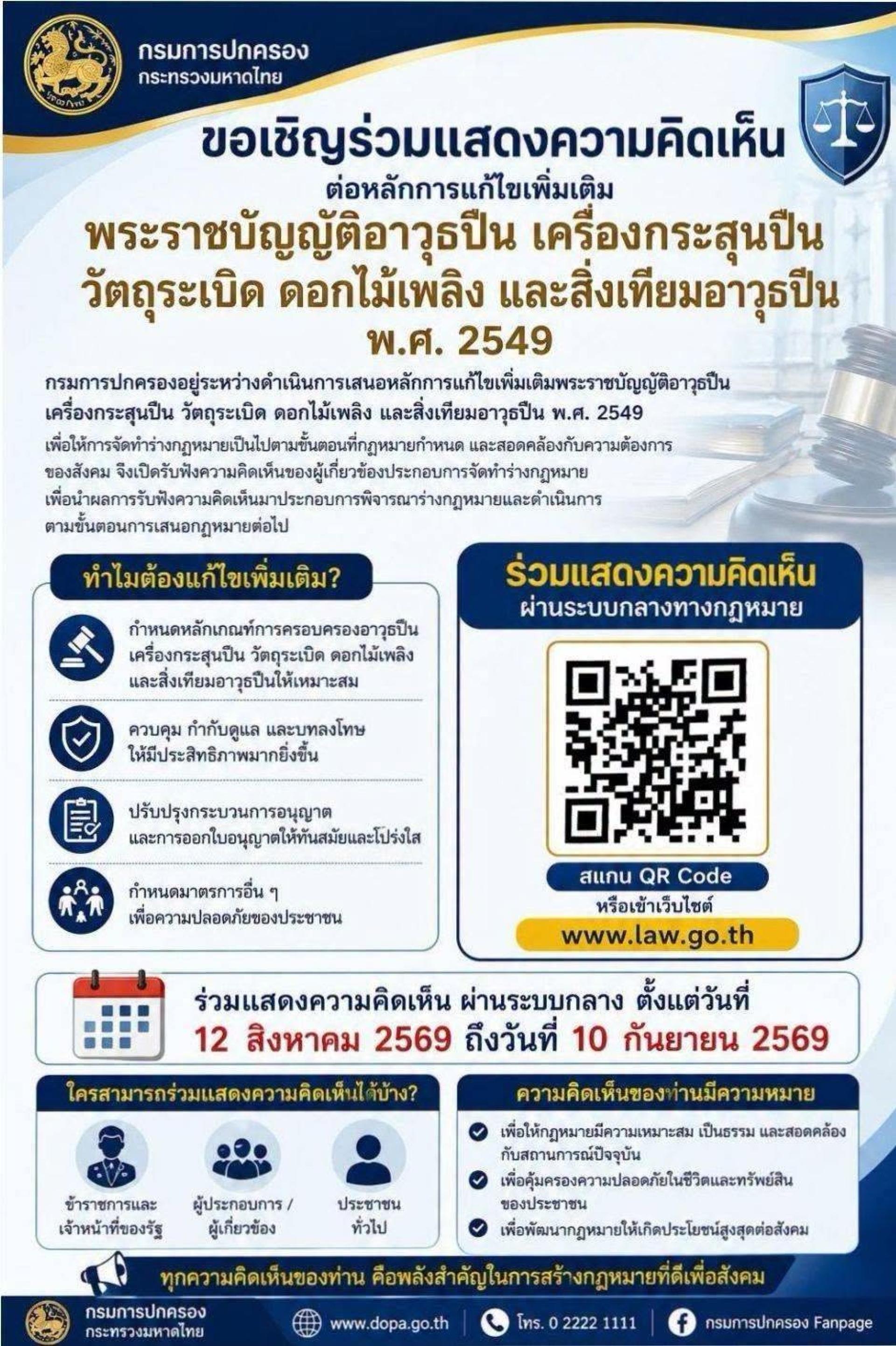 เชิญชวนประชาชนร่วมแสดงความคิดเห็นต่อหลักการแก้ไขเพิ่มเติมพระราชบัญญัติอาวุธปืน เครื่องกระสุนปืน วัตถุระเบิด ดอกไม้เพลิง และสิ่งเทียมอาวุธปืน พ.ศ. 2490