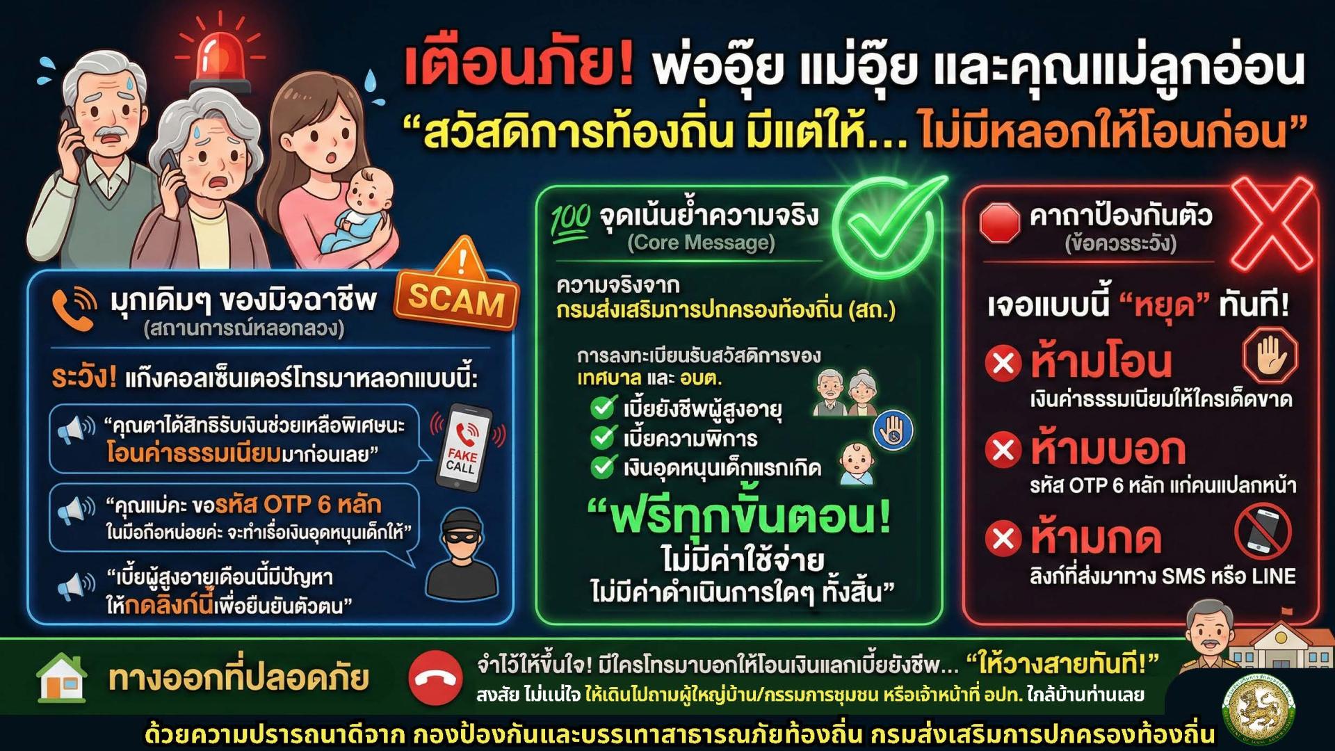 ประชาสัมพันธ์เตือนประชาชน โดยเฉพาะผู้สูงอายุ ผู้ป่วย และผู้ปกครองเด็กเล็ก ให้ระมัดระวังมิจฉาชีพที่แอบอ้างเป็นเจ้าหน้าที่ท้องถิ่น