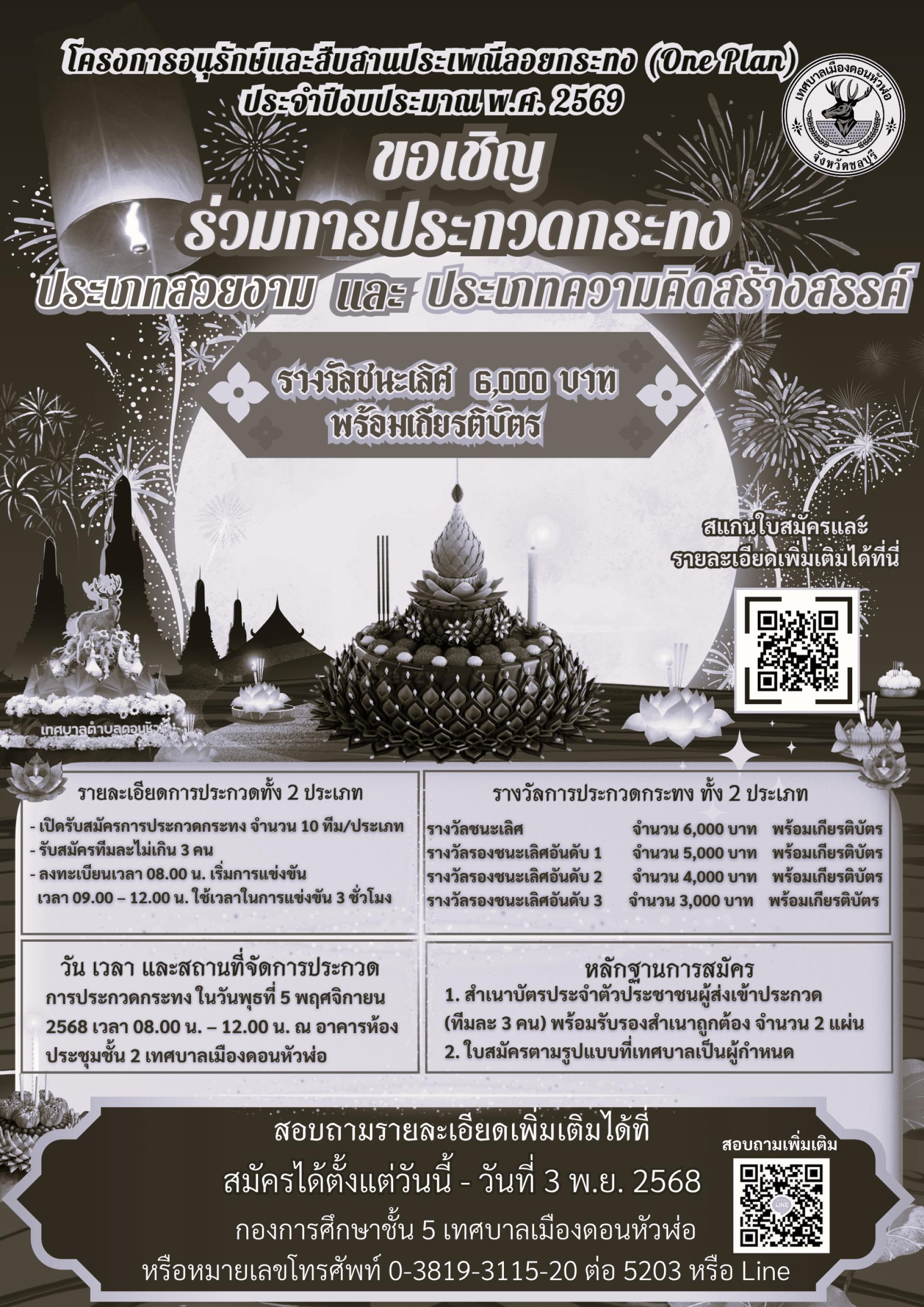 ขอเชิญร่วมประกวด “กระทงสวยงาม” และ “กระทงความคิดสร้างสรรค์” ในโครงการอนุรักษ์และสืบสานประเพณีลอยกระทง เทศบาลเมืองดอนหัวฬ่อ